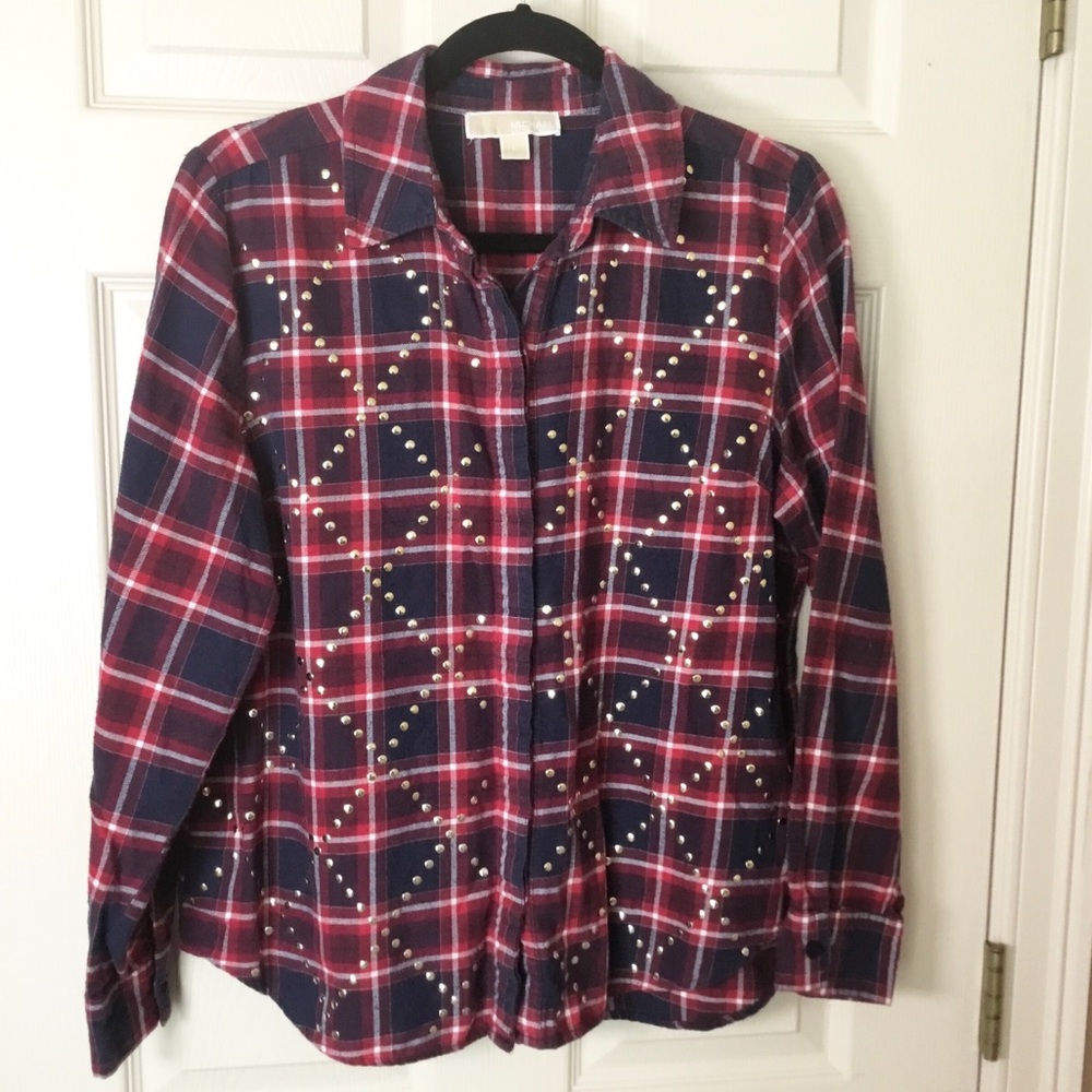 Michael Kors Studded Red & Blue Plaid Flannel Shirt - Size L
